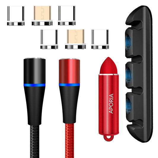 Aporia Magnetic Charging USB Cable with 360° Rotating 7PIN Tips Micro Type C | Fast Charge and Data Transfer [2-Pack] Red 6Ft + Black 6Ft Cable + 2X Tips + Bullet + Desk Stick