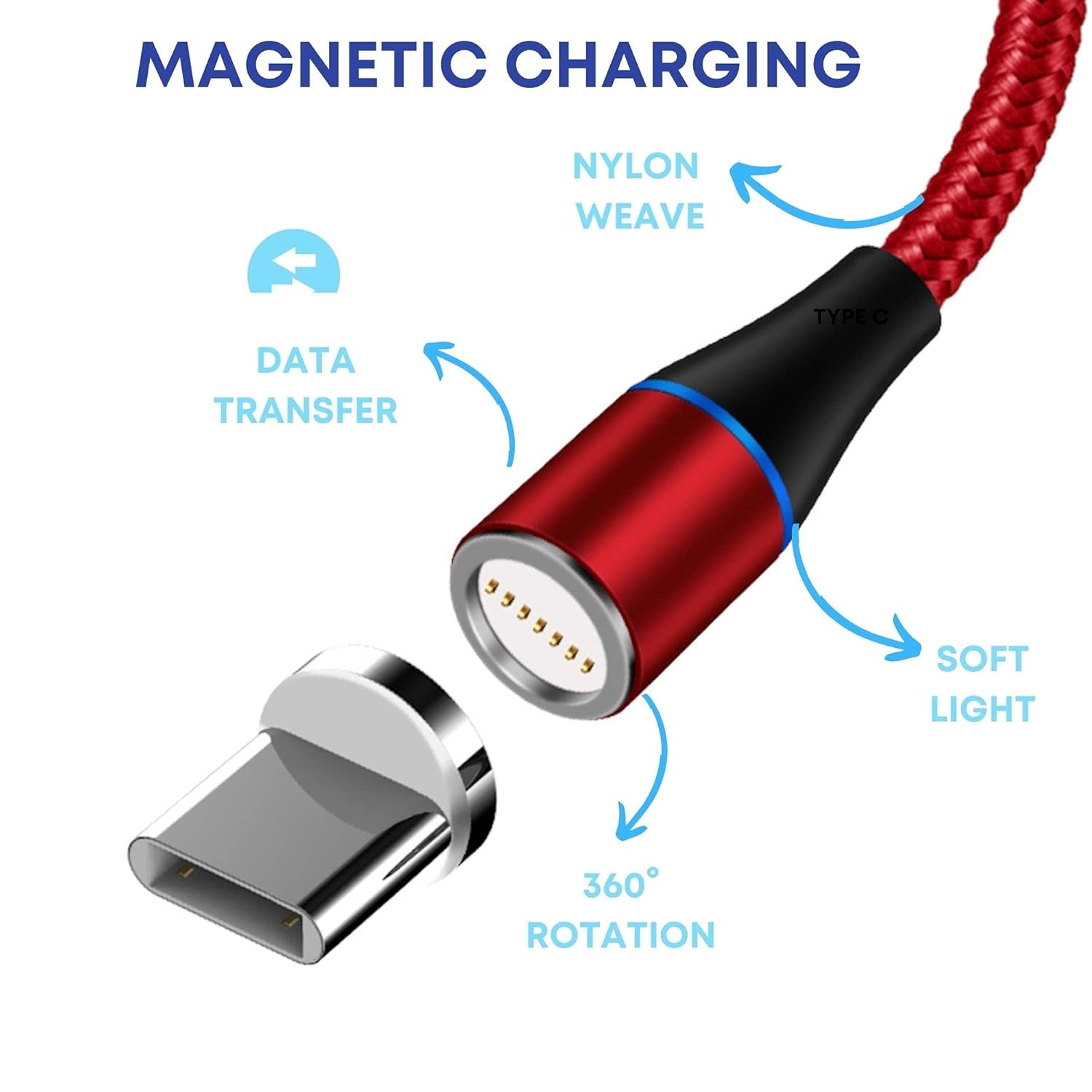 Aporia Magnetic Charging USB Cable with 360° Rotating 7PIN Tips Micro Type C | Fast Charge and Data Transfer [2-Pack] Red 6Ft + Black 6Ft Cable + 2X Tips + Bullet + Desk Stick