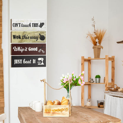 4 Pieces Rustic Kitchen Wood Sign Decorations Kitchen Wall Signs Decor above Cabinet Baking Prints Signs Family Farmhouse Hanging Wooden Decoration for Home, 11.8 X 3.9 Inch(Classic Style)