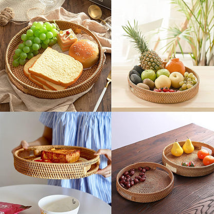 round Ratten Tray, Breakfast Serving Tray with Easy Grip Handles Wicker Tray for Tea Coffee Drink Fruits Food Storage, Hand Woven Decorative Display Tray for Home and Kitchen Table, Φ30Cm