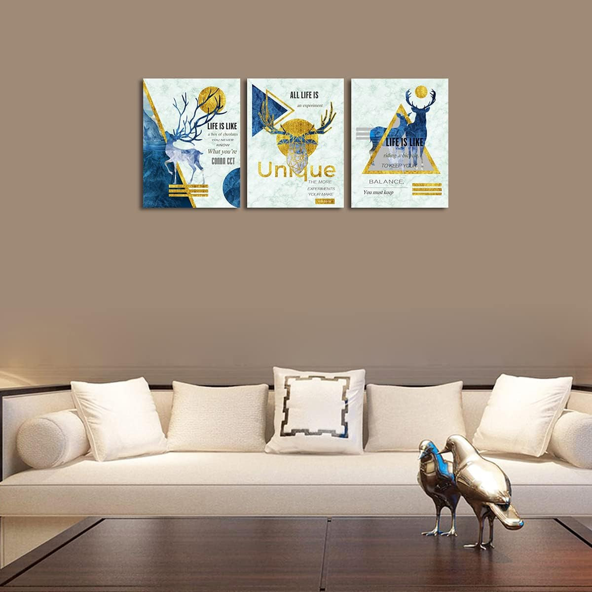 3 Panel Golden Abstract Animal Canvas Wall Art Inspirational Theme Positive Quotes& Sayings，For Bedroom Living Room Paintings Stretch Ruspension Modern Blue Abstract Geometry Deer Canvas Prints