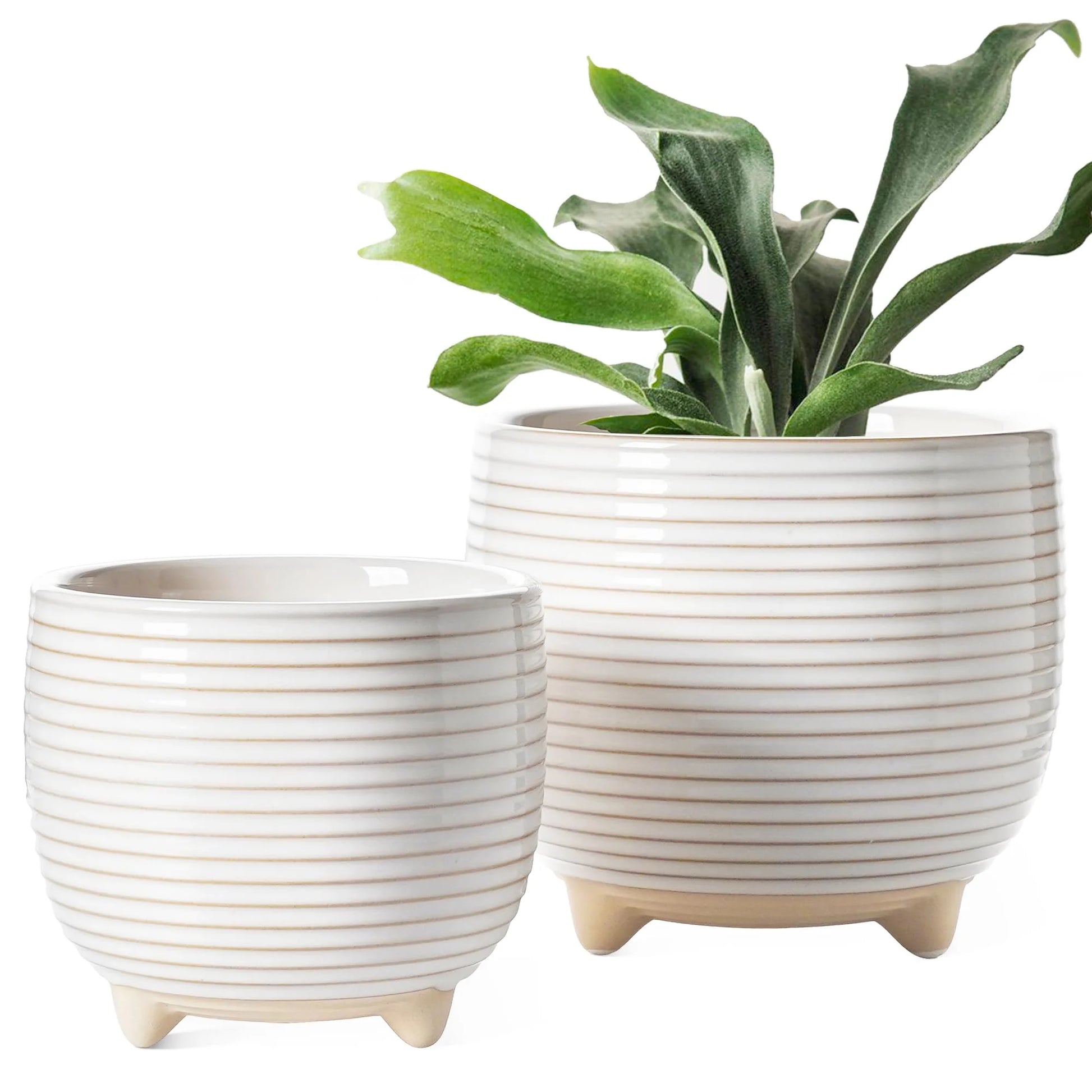 Plant Pots, 5.1"+6.4" Ceramic Planters with Drainage, Mesh Circle and Plug Planter Pots for Home Office, Reactive Glaze White Succulents Flower Pots