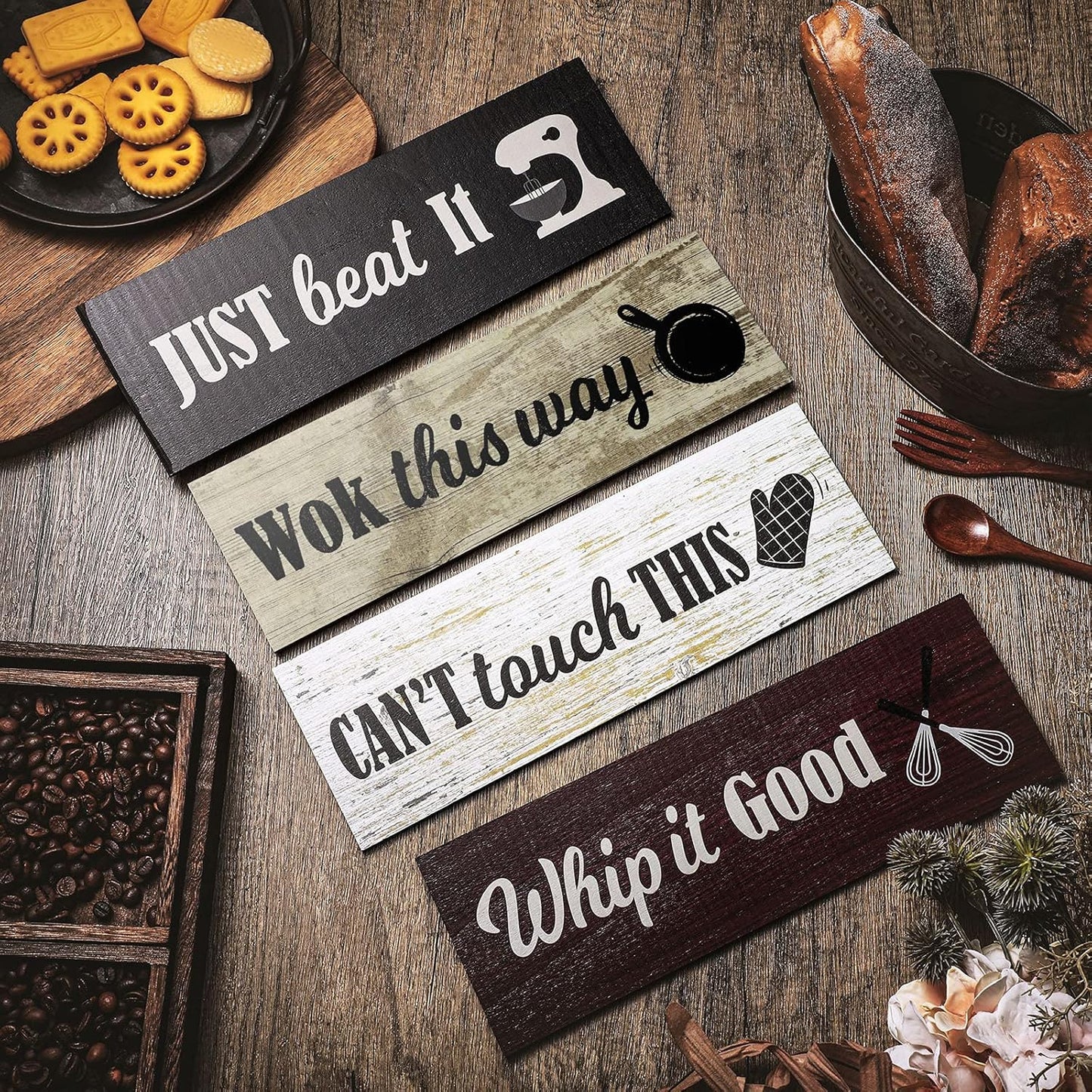 4 Pieces Rustic Kitchen Wood Sign Decorations Kitchen Wall Signs Decor above Cabinet Baking Prints Signs Family Farmhouse Hanging Wooden Decoration for Home, 11.8 X 3.9 Inch(Classic Style)