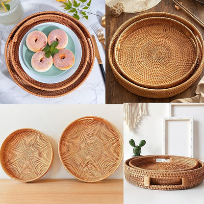 round Ratten Tray, Breakfast Serving Tray with Easy Grip Handles Wicker Tray for Tea Coffee Drink Fruits Food Storage, Hand Woven Decorative Display Tray for Home and Kitchen Table, Φ30Cm