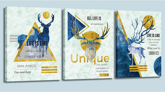 3 Panel Golden Abstract Animal Canvas Wall Art Inspirational Theme Positive Quotes& Sayings，For Bedroom Living Room Paintings Stretch Ruspension Modern Blue Abstract Geometry Deer Canvas Prints