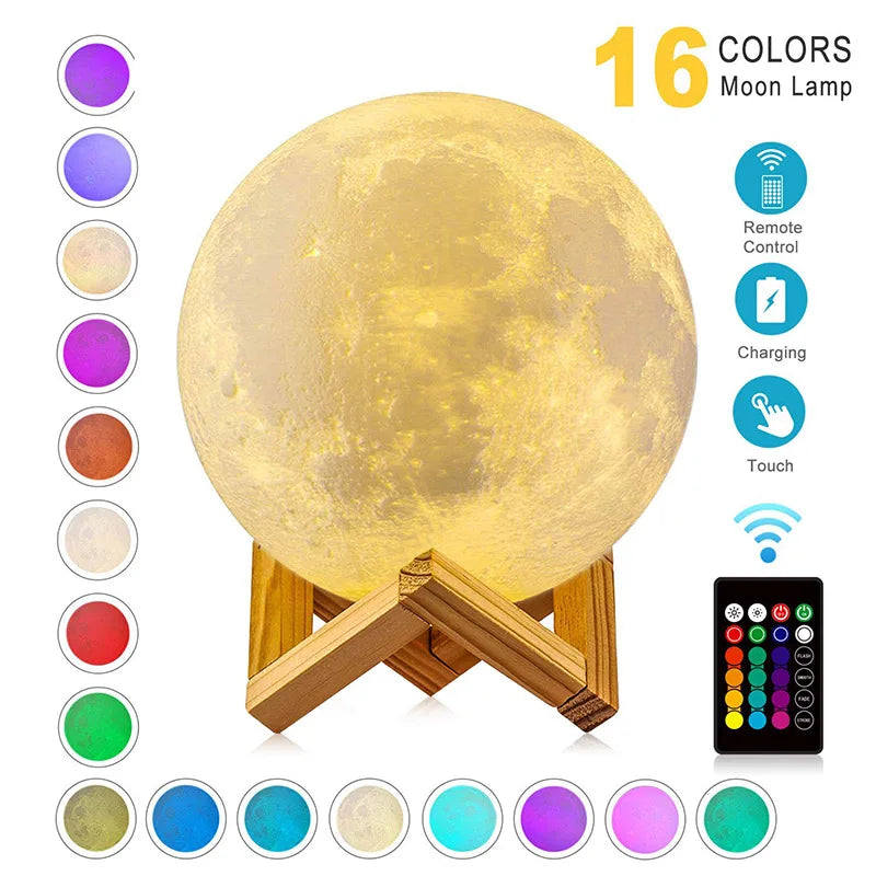 Moon Lamp Kids Night Light Galaxy Lamp 16 Colors LED 3D Moon Light Touch Remote Control Rechargeable Gift for Girls Boys