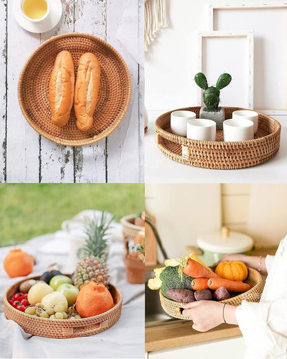 round Ratten Tray, Breakfast Serving Tray with Easy Grip Handles Wicker Tray for Tea Coffee Drink Fruits Food Storage, Hand Woven Decorative Display Tray for Home and Kitchen Table, Φ30Cm