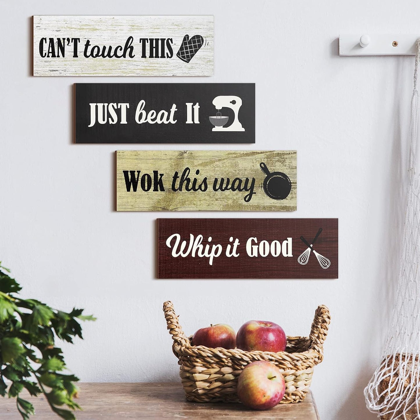 4 Pieces Rustic Kitchen Wood Sign Decorations Kitchen Wall Signs Decor above Cabinet Baking Prints Signs Family Farmhouse Hanging Wooden Decoration for Home, 11.8 X 3.9 Inch(Classic Style)