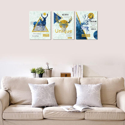 3 Panel Golden Abstract Animal Canvas Wall Art Inspirational Theme Positive Quotes& Sayings，For Bedroom Living Room Paintings Stretch Ruspension Modern Blue Abstract Geometry Deer Canvas Prints