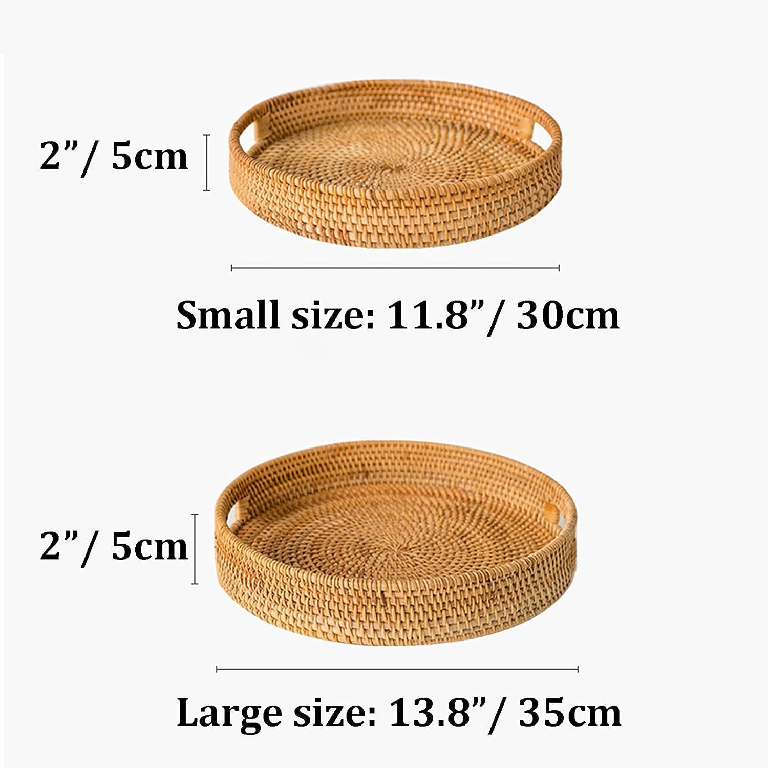 round Ratten Tray, Breakfast Serving Tray with Easy Grip Handles Wicker Tray for Tea Coffee Drink Fruits Food Storage, Hand Woven Decorative Display Tray for Home and Kitchen Table, Φ30Cm