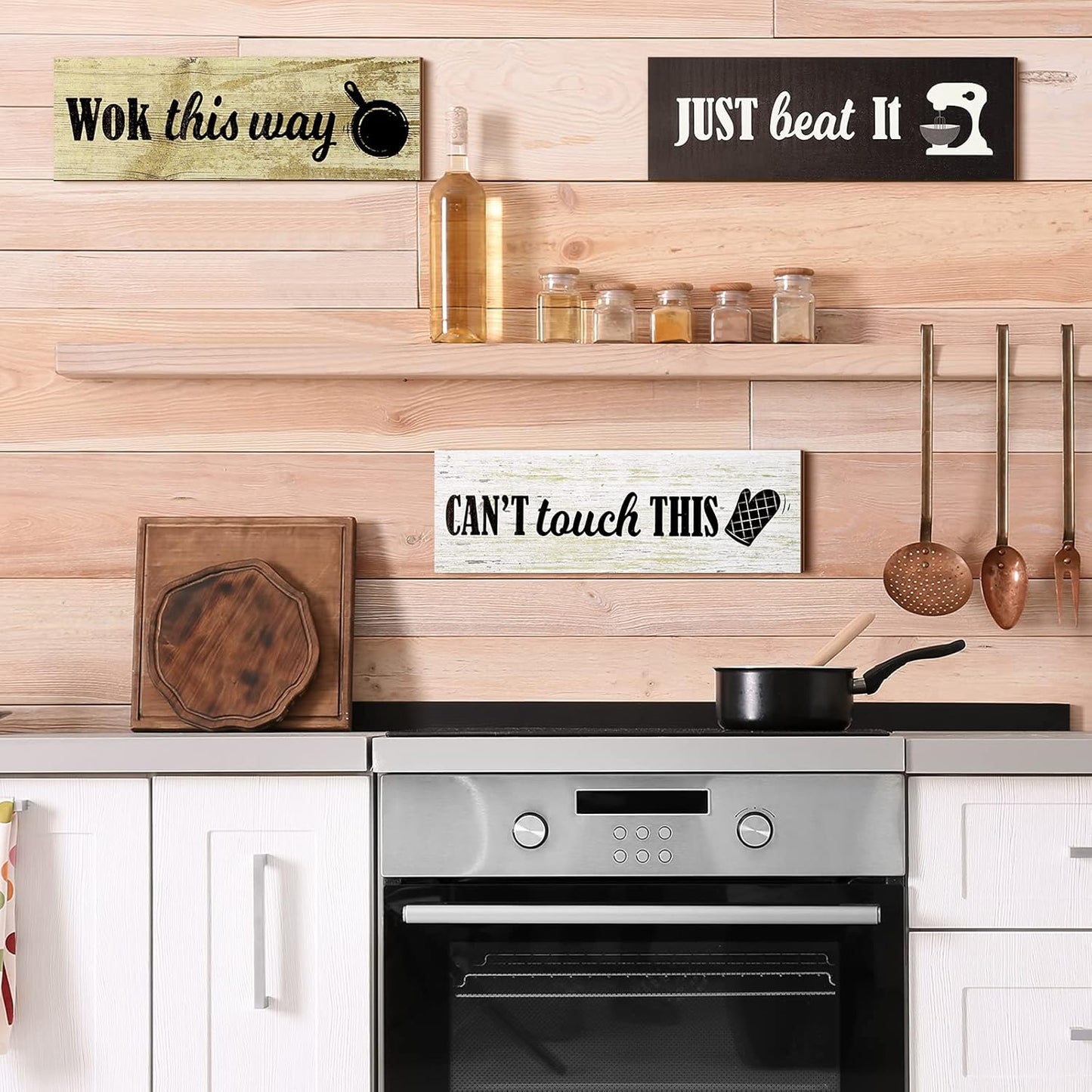 4 Pieces Rustic Kitchen Wood Sign Decorations Kitchen Wall Signs Decor above Cabinet Baking Prints Signs Family Farmhouse Hanging Wooden Decoration for Home, 11.8 X 3.9 Inch(Classic Style)