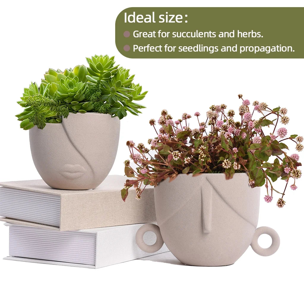 Succulent Face Flower Pots,Set of 2 Indoor/Outdoor Planter Pots with Drainage,Ceramic Head Planters for Home Decor,Brown 5.4" & 4.7"