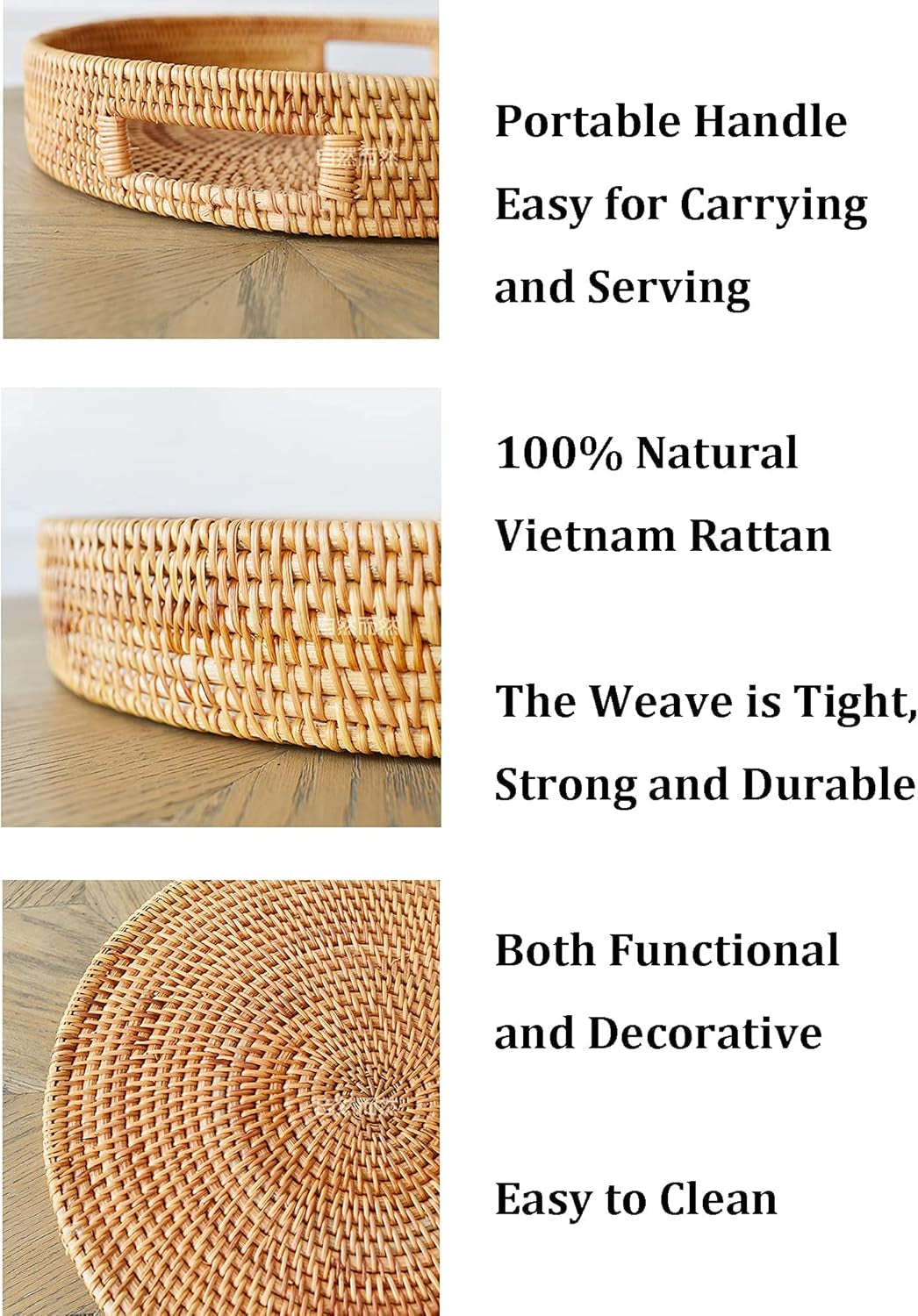 round Ratten Tray, Breakfast Serving Tray with Easy Grip Handles Wicker Tray for Tea Coffee Drink Fruits Food Storage, Hand Woven Decorative Display Tray for Home and Kitchen Table, Φ30Cm