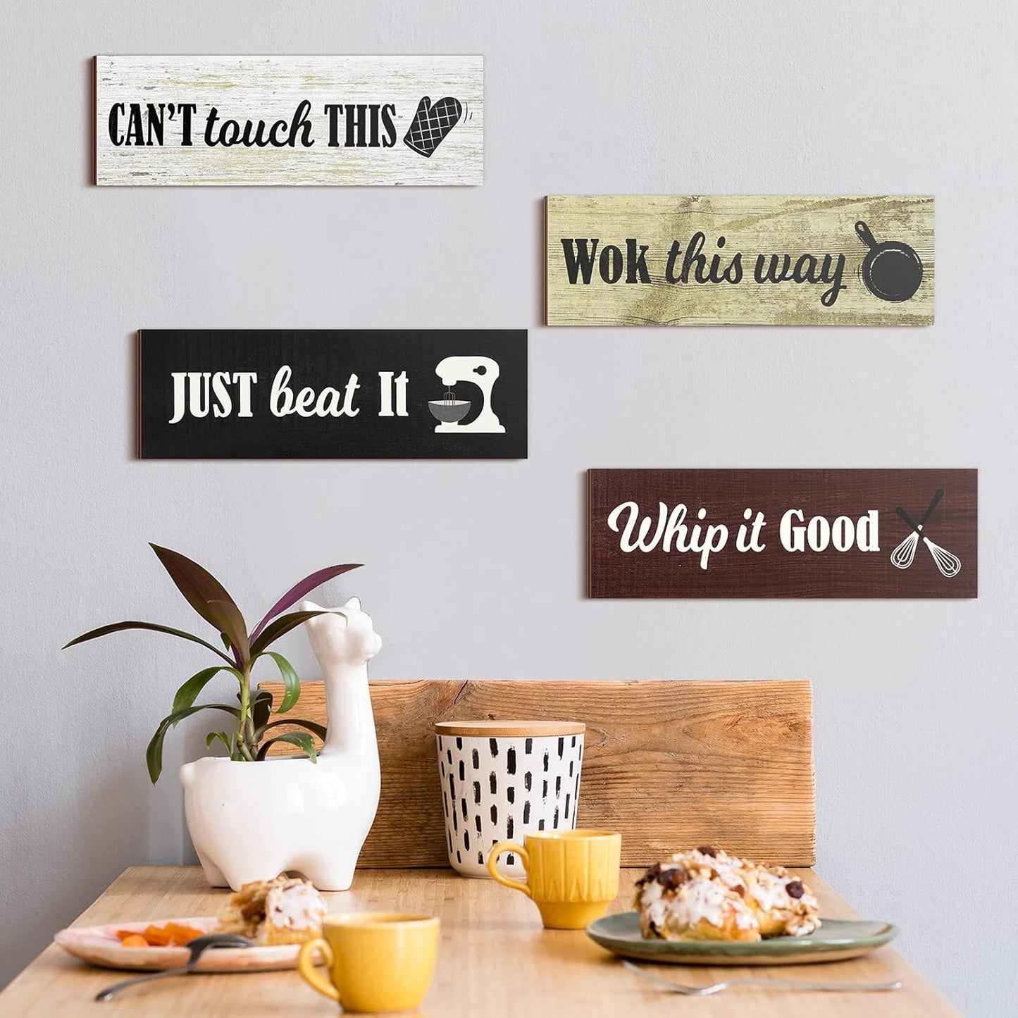 4 Pieces Rustic Kitchen Wood Sign Decorations Kitchen Wall Signs Decor above Cabinet Baking Prints Signs Family Farmhouse Hanging Wooden Decoration for Home, 11.8 X 3.9 Inch(Classic Style)