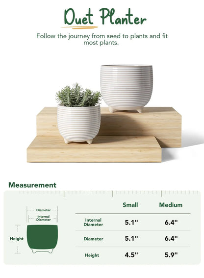 Plant Pots, 5.1"+6.4" Ceramic Planters with Drainage, Mesh Circle and Plug Planter Pots for Home Office, Reactive Glaze White Succulents Flower Pots